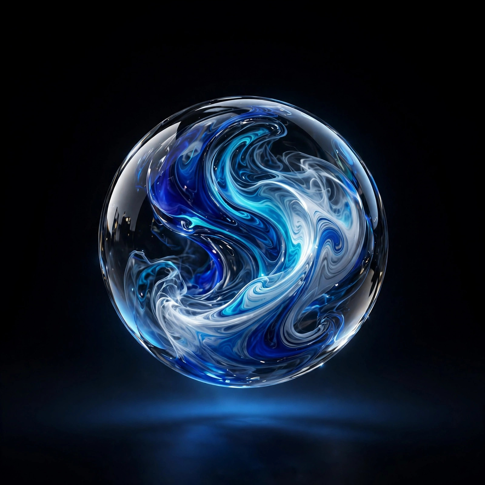 A glass orb with blue and white currents swirling inside it